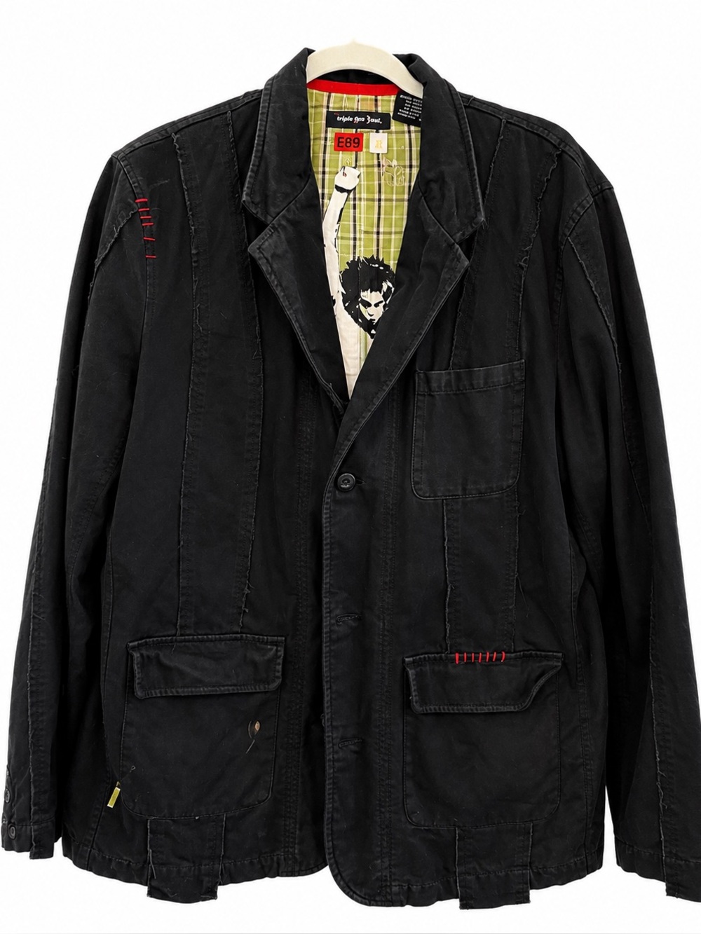Vtg Triple Five Soul E89 Black Distressed Blazer Jacket Graphic Lining XL Y2K
